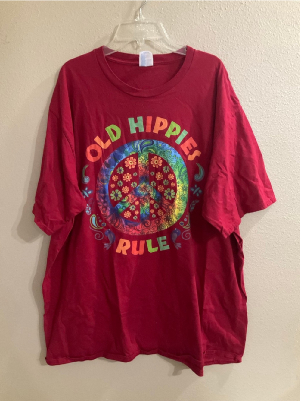 Old Hippies Rule T-Shirt peace sign graphic featuring floral and paisley designs